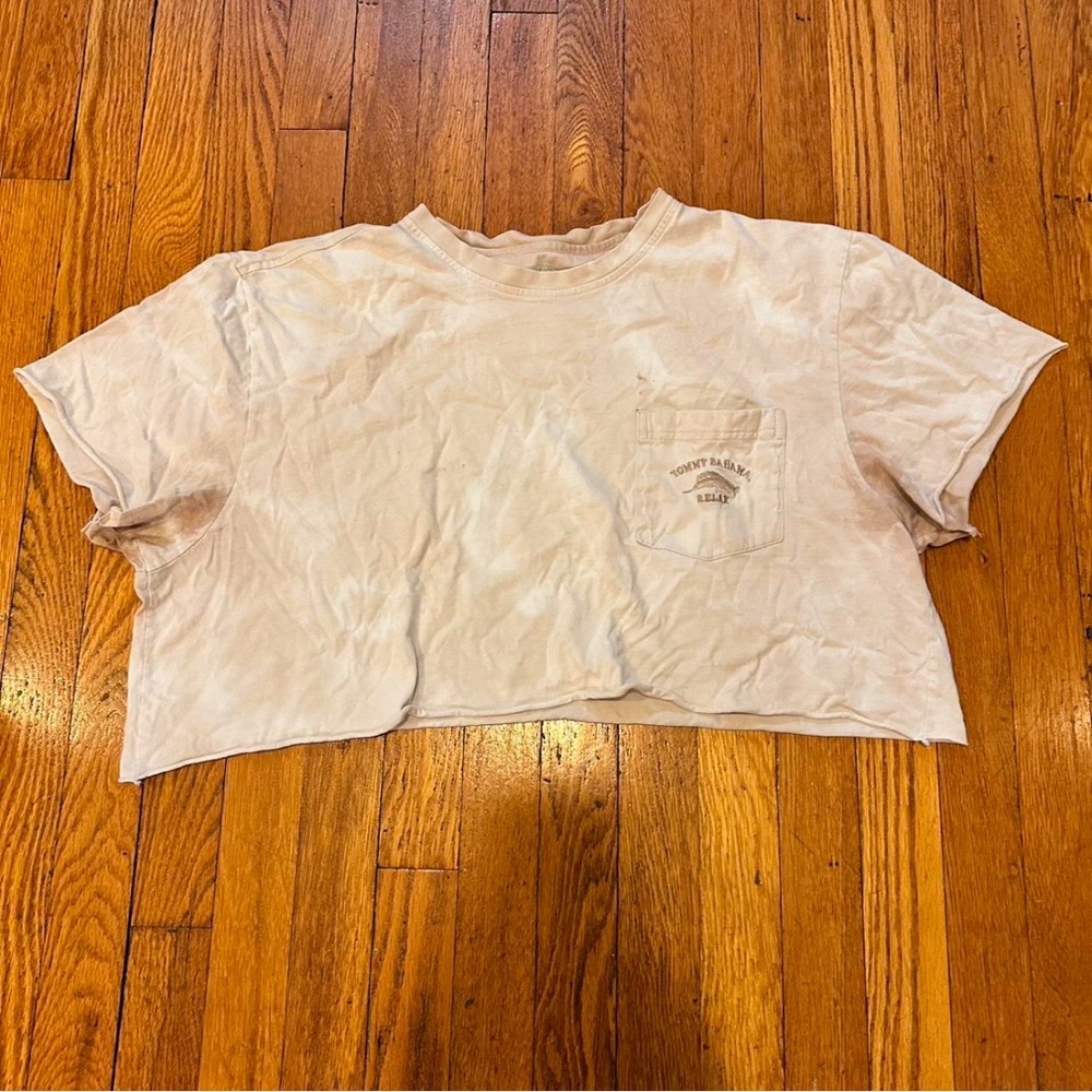 Super cute distressed upcycled Tommy Bahama cropped shirt!